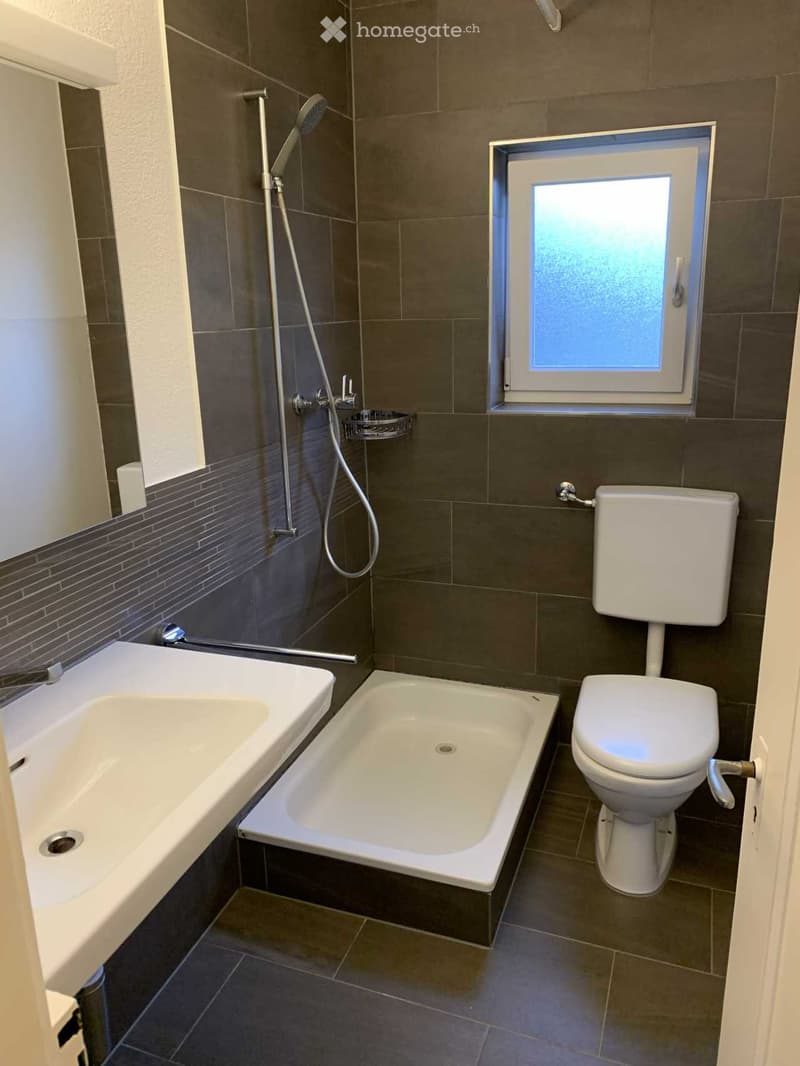 Modern bathroom with a bathtub, toilet, sink, and showerhead. Dark tiled walls and a frosted window provide privacy and natural light.