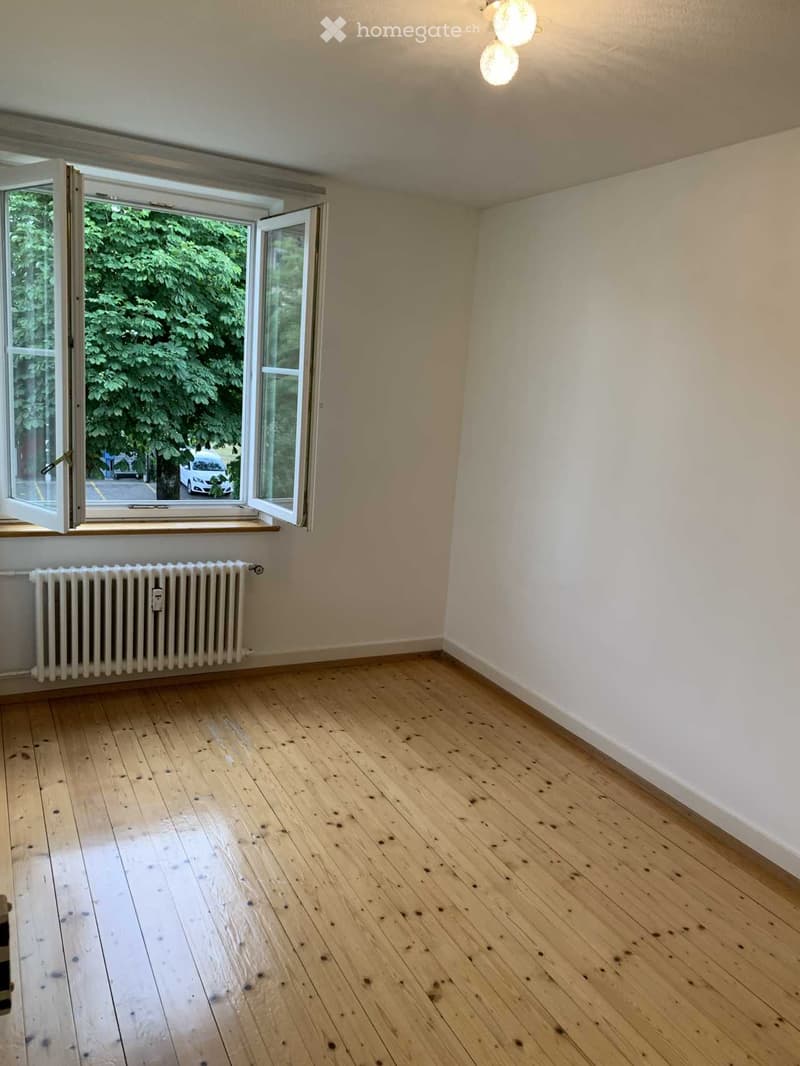 Empty room with wooden flooring, white walls, and a large window with open shutters revealing greenery outside. A radiator is visible under the window.