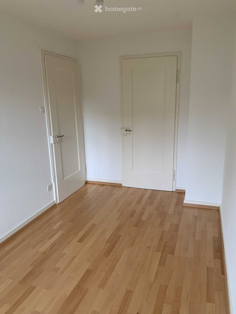 Empty hallway with light wooden flooring and white walls, featuring two closed doors.