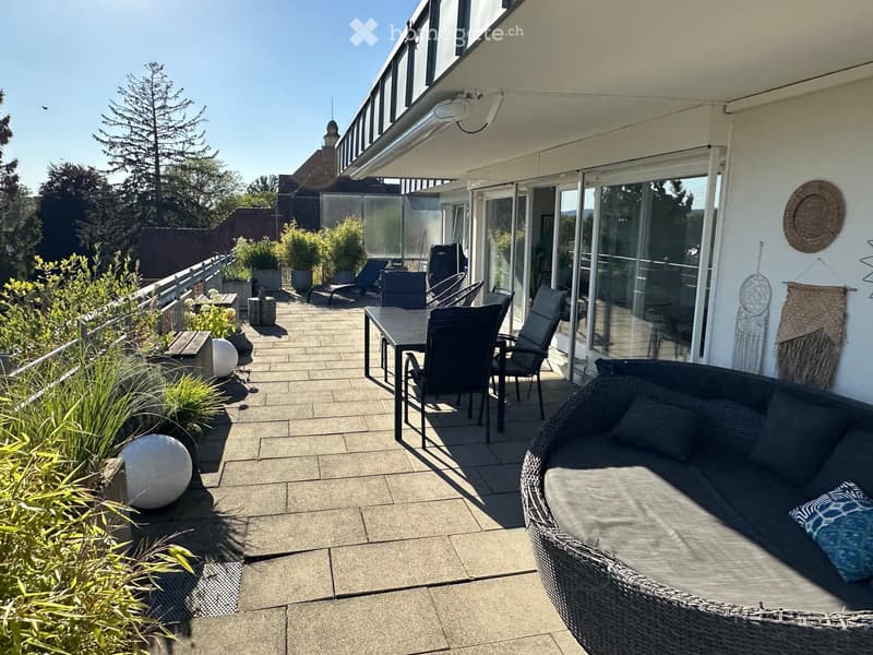 A modern rooftop terrace with a wicker sofa, dining table, chairs, lounge chairs, and potted plants.