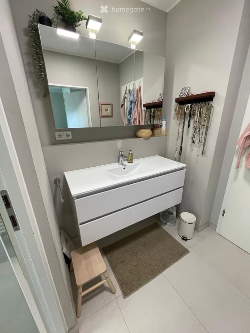 Modern bathroom with a white sink, large mirror, wooden stool, towel rack, and jewelry rack. The space includes a small plant and a picture frame on the shelf.
