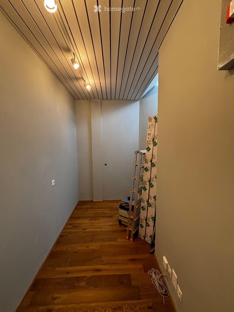 Empty hallway with wooden flooring, white walls, and recessed lighting. A ladder and some boxes are placed against the wall near the end of the hallway.