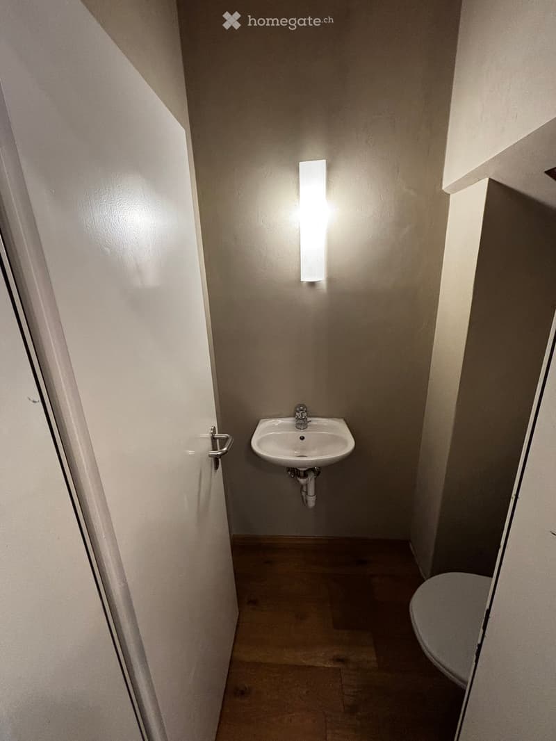 Small bathroom with a sink, faucet, and toilet. The walls are painted in a neutral tone, and the floor is tiled.