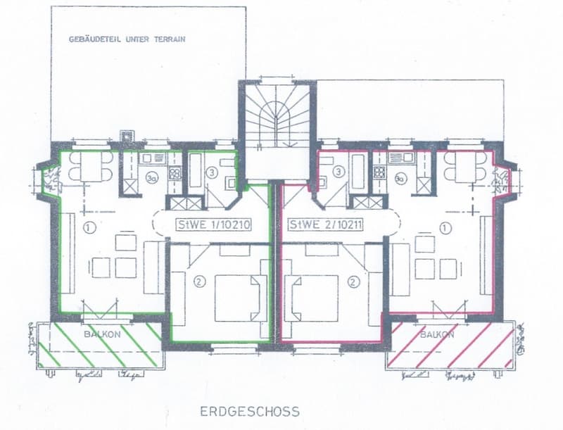 Two sections, each with living room, kitchen, 2 bedrooms, balcony, basement