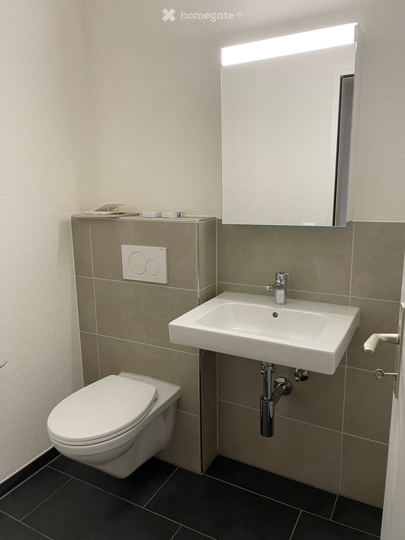 Modern bathroom with a white toilet, a white sink with a chrome faucet, a large mirror with built-in lighting, and a light switch on the wall.