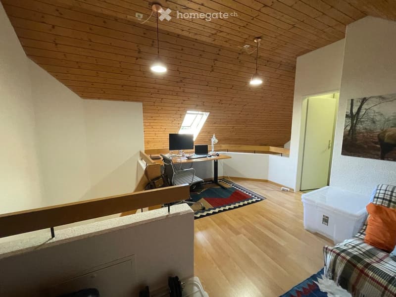 A cozy, well-lit room with wooden ceilings and floors, featuring a sofa, a desk with a laptop and screen, and a colorful rug.