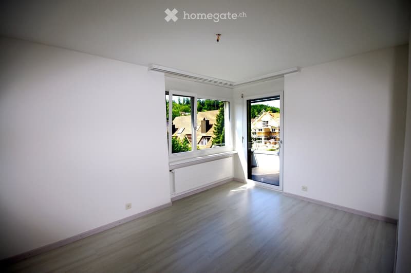 An empty room with white walls and wooden floors, two large windows with sliding doors, a radiator and a ceiling light.