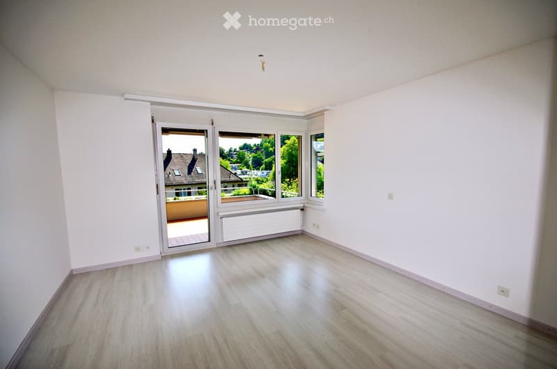 Empty room with sliding doors, balcony, double windows, wooden floor