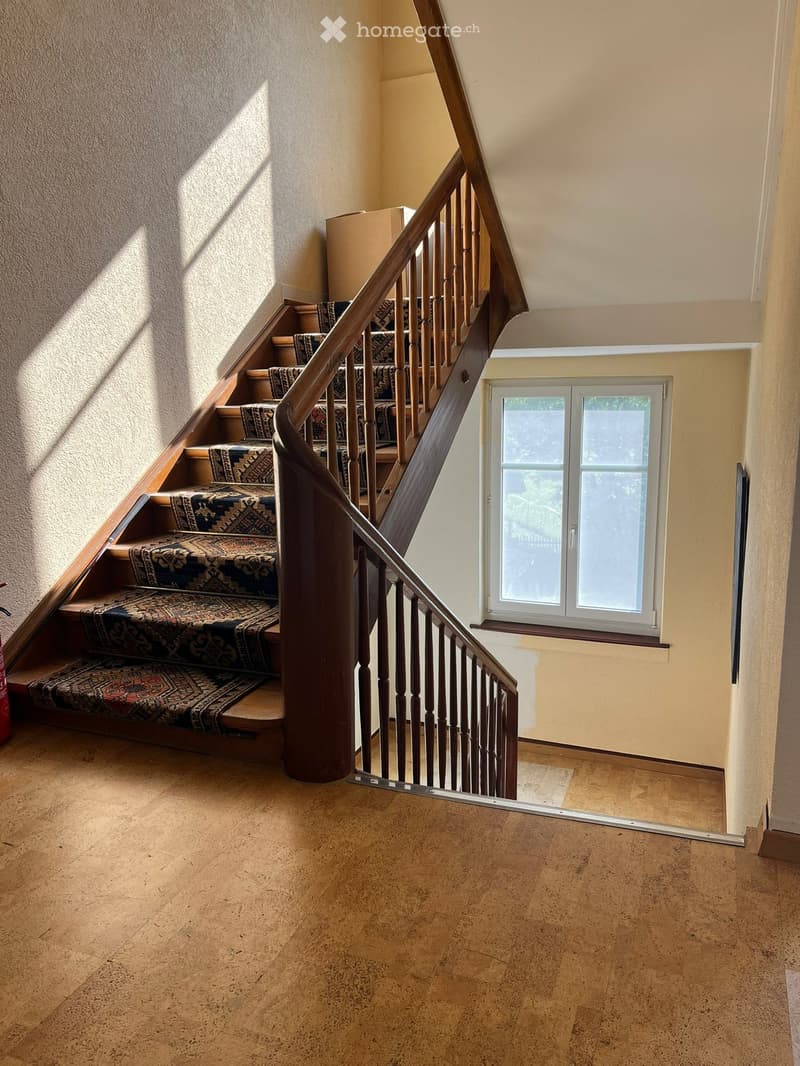 Corridor / Hallway. Spiral staircase with wooden handrail and patterned carpet, leading to a windowed landing area.