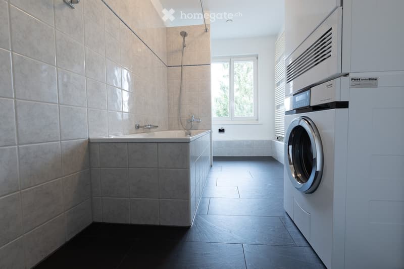 Modern bathroom with a bathtub, shower, and a washing machine. The space features tiled walls and a dark tiled floor.