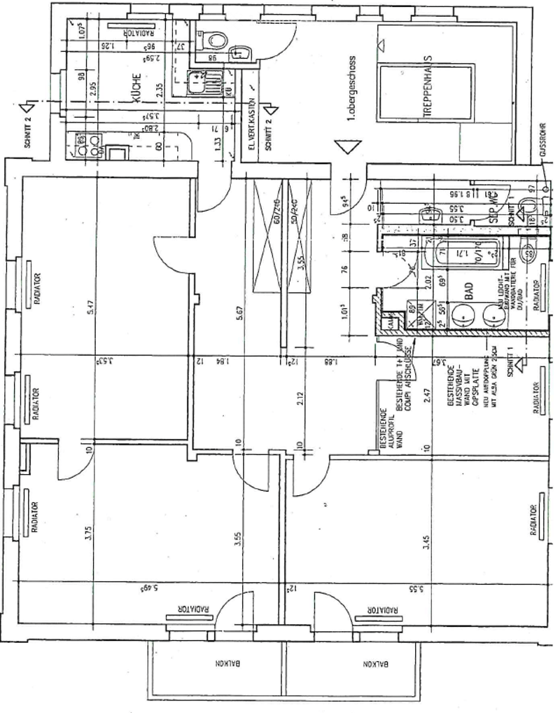 Floor plan of a two-story house with labeled rooms including kitchen, living room, bedrooms, bathrooms, and staircase.