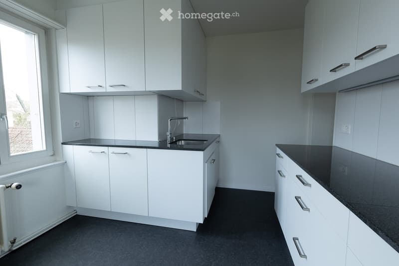 Modern kitchen with white cabinets, black countertops, and a stainless steel sink.
