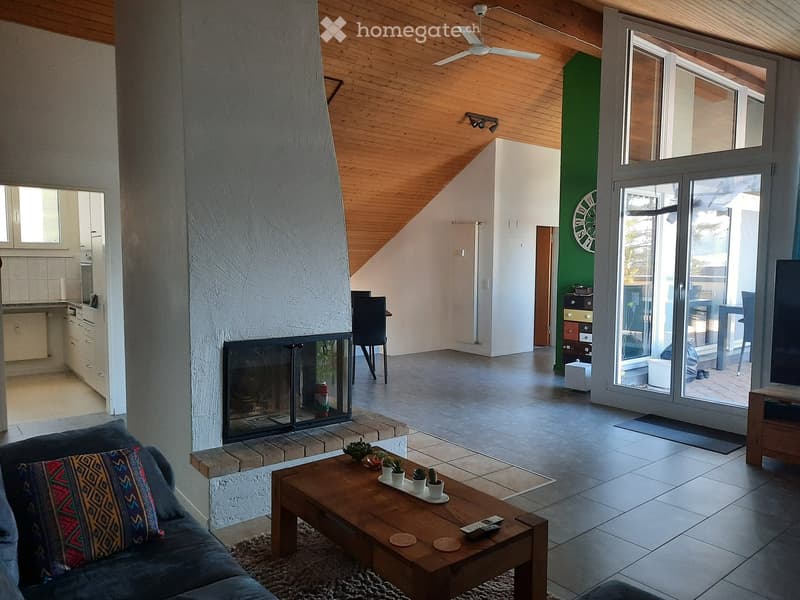 Modern living room with a fireplace, wooden coffee table, sofa, potted plants, and a TV. The room features a high, slanted wooden ceiling and large windows leading to a balcony.