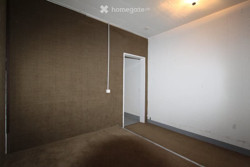 Empty room with bare walls, carpeted floor, and a single doorway leading to another space.