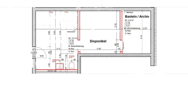 Floor plan showing a basement/archive area and a usable space with labeled dimensions and construction details.