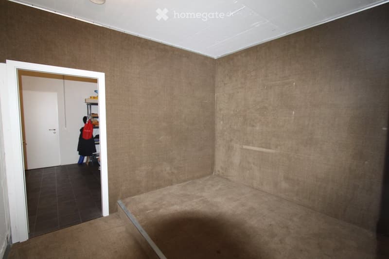 Empty room with beige carpeted floor, brown walls, and a white door leading to another room.