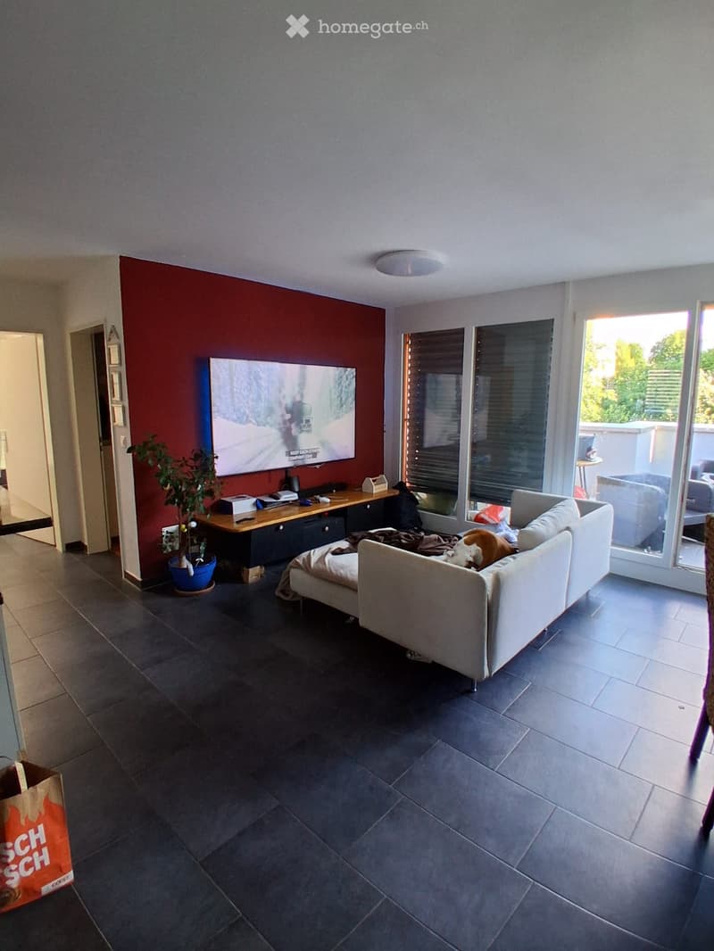 Modern living room with dark tiled flooring, a grey sectional sofa, a large flat-screen TV mounted on a red accent wall, a wooden TV stand with a potted plant, and large windows with blinds.