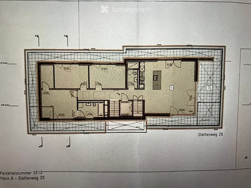 Floor plan of a house with multiple rooms including living area, bedrooms, bathrooms, and kitchen.