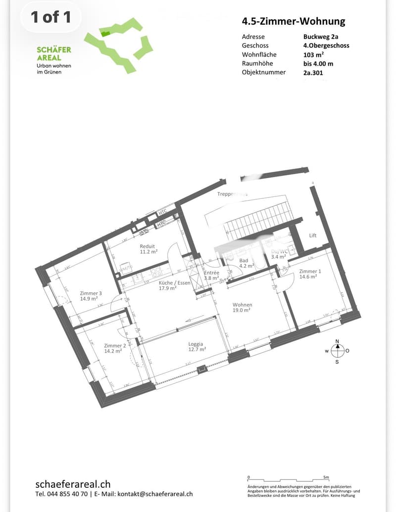 Floor plan of a 4.5-room apartment with living room, kitchen, three bedrooms, bathroom, and entrance area.