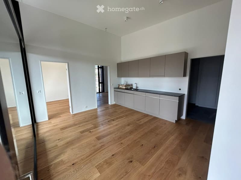 Empty kitchen with light grey cabinets, a sink, and wooden flooring. The space is clean and unfurnished, with no visible appliances or furniture.