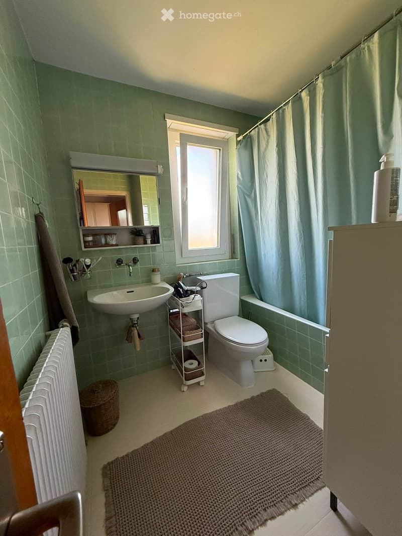 Bathroom with green tiled walls, a white sink, toilet, mirror, radiator, and a shower curtain. Includes a small shelf with toiletries and a wicker basket on the floor.
