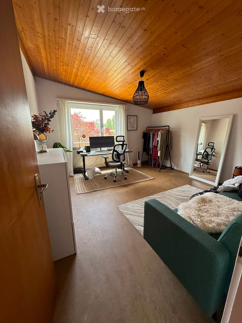 Bright, open room with wooden ceiling, large window, green sofa, desk with chair, mirror, and clothing rack.