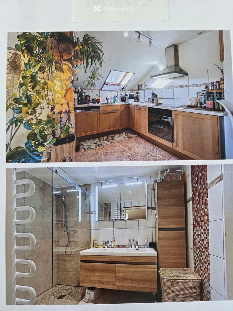 The top image shows a cozy kitchen with wooden cabinets, a central island, and various appliances, including a coffee maker and a fridge. The bottom image displays a modern bathroom with a glass-enclosed shower, a wooden vanity with a sink, and a wicker b