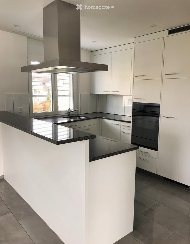 Modern kitchen with white cabinets, black countertops, stainless steel sink, and built-in oven.