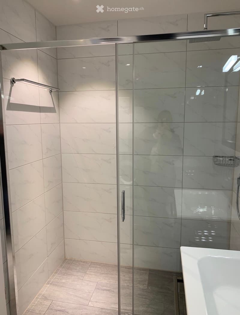 Modern bathroom with a white bathtub, glass-enclosed shower, and marble tiles.