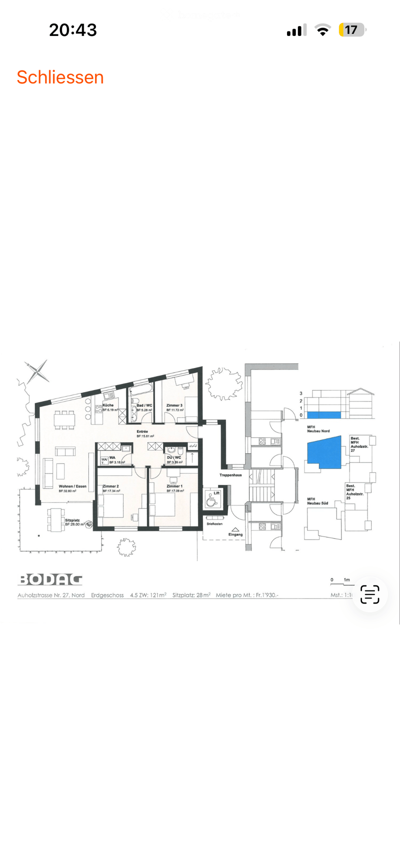 Floor plan of a 4.5-room apartment with121 m² total area, including living/dining area, kitchen, three bedrooms, two bathrooms, entrance, and staircase.