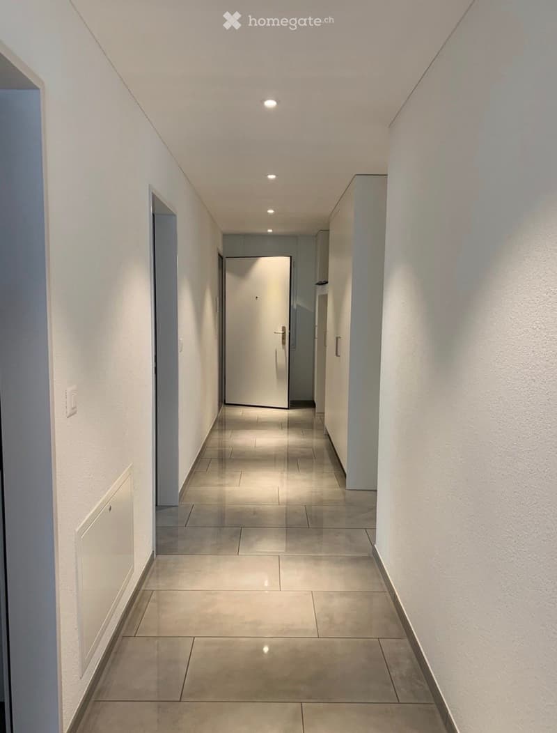 Clean, modern hallway with white walls, tiled floor, and recessed lighting. Features several doors and a built-in cabinet on the left side.