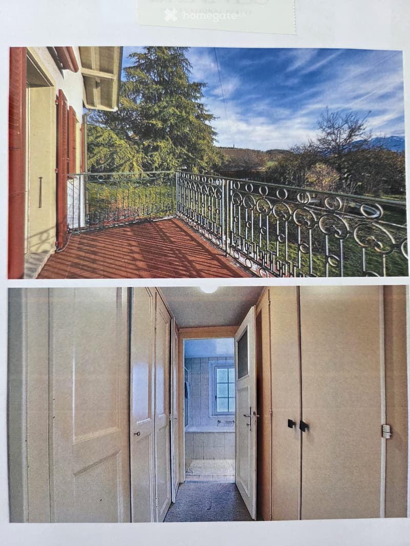 A narrow hallway with tiled flooring, white walls, and multiple doors leading to different rooms.