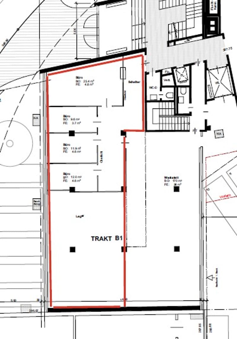 Floor plan showing a section labeled 'TRAKT B1' with multiple rooms and dimensions, including a staircase, several labeled rooms, and surrounding structures.