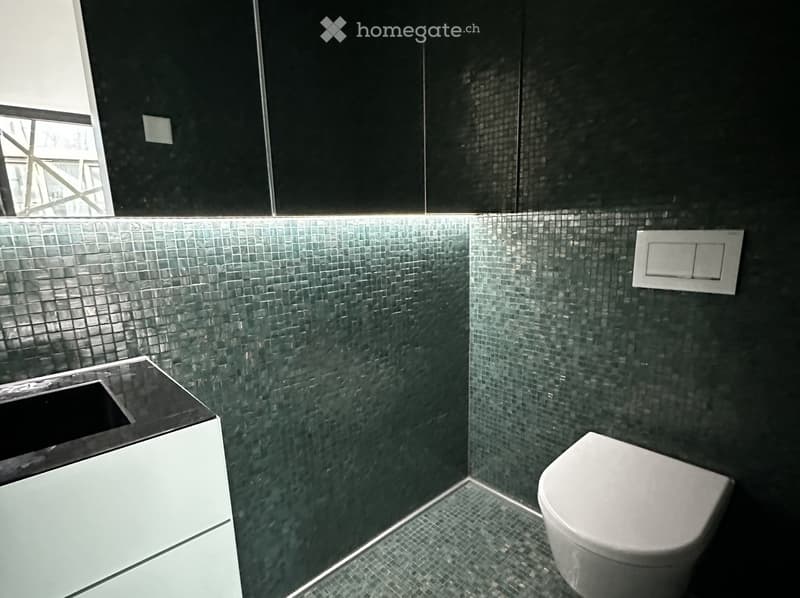 Modern bathroom with dark tiled walls, a white toilet, a sink with a cabinet, and a window providing natural light.
