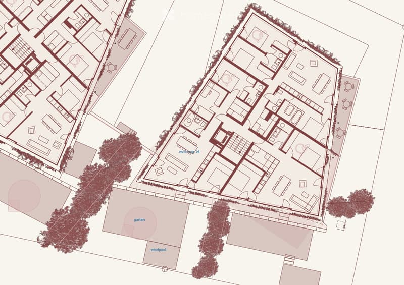 Floor plan of a residential complex with multiple buildings, labeled areas including 'wohnbung14' (living area14), 'garten' (garden), and 'whirlpool' (whirlpool area). The layout includes various rooms and outdoor spaces.