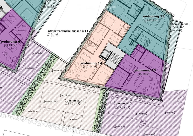 Floor plan showing multiple apartments (Wohnungen) with labeled areas including living spaces, terraces, and gardens.