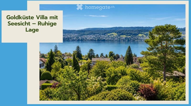 A scenic view of a lakeside area with lush greenery, trees, and distant houses, offering a serene and picturesque landscape.