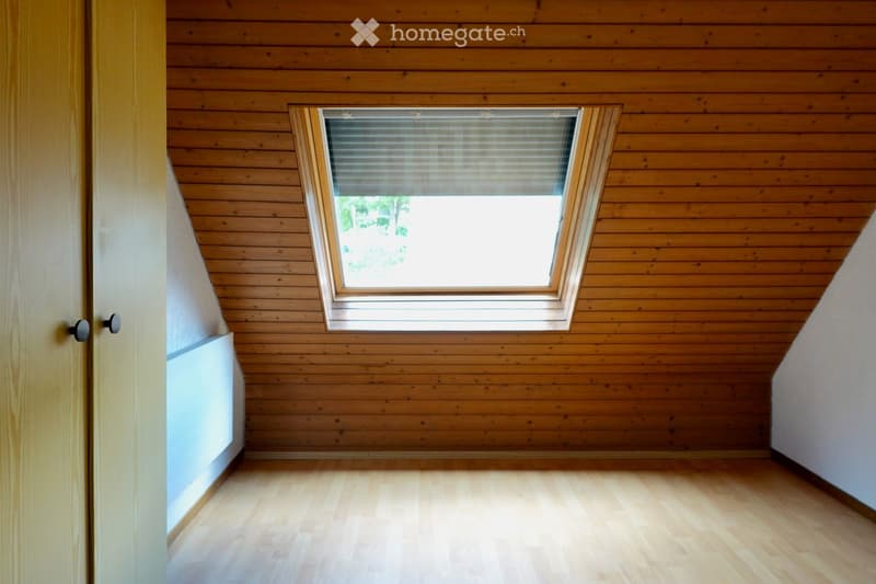 Empty room with wooden walls and floor, featuring a skylight window and a door.