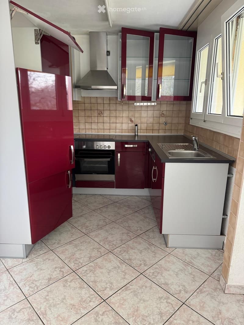 Modern kitchen with red and white cabinets, stainless steel appliances, tiled floor, and large windows.