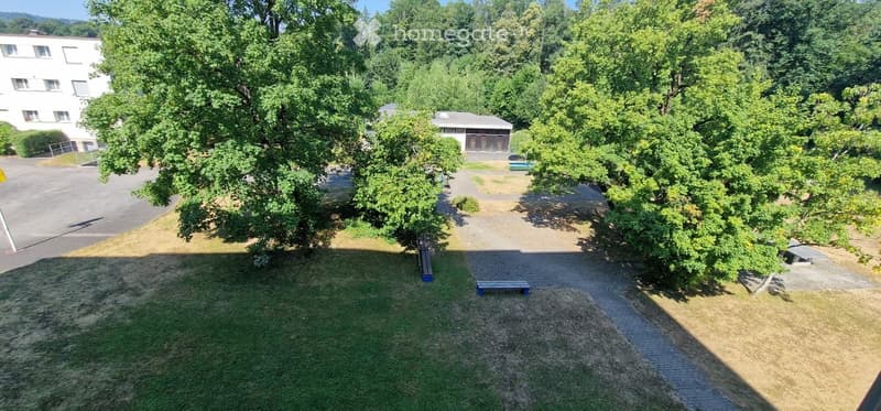 A peaceful outdoor area with a grassy lawn, paved pathways, benches, and trees, surrounded by buildings and greenery.