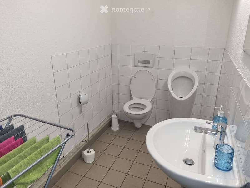 Bathroom. Modern bathroom with white tiles, a toilet, urinal, sink, towel rack with towels, and a toilet paper holder.