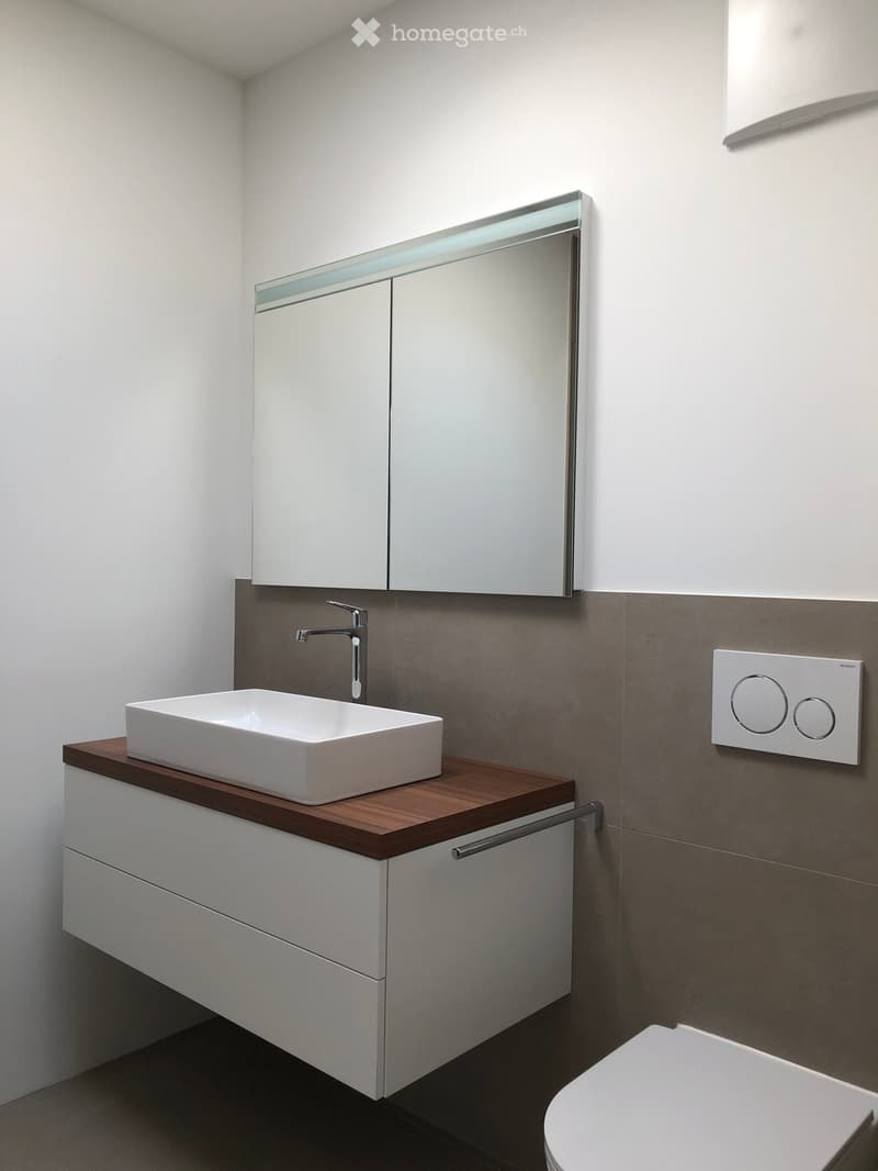 Modern bathroom with a white sink, wooden countertop, mirrored cabinet, and sleek faucet.