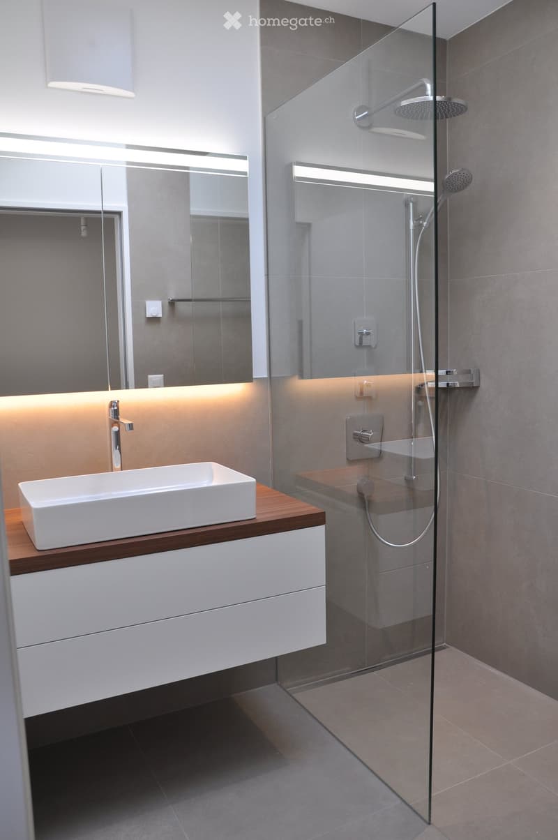 Modern bathroom with a white sink on a wooden countertop, a large mirror with built-in lighting, and a glass-enclosed shower with multiple showerheads.