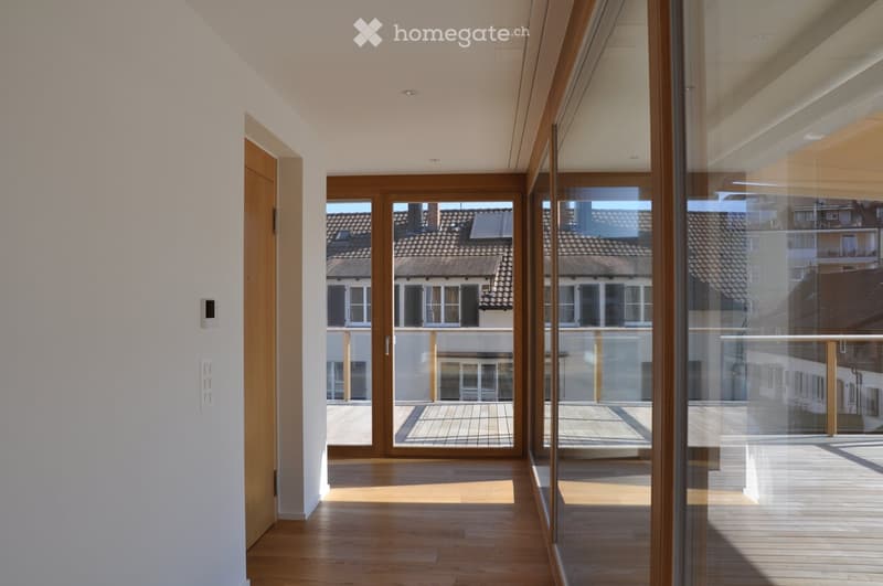 Bright hallway with wooden flooring, large glass doors leading to a balcony, and a view of neighboring buildings.