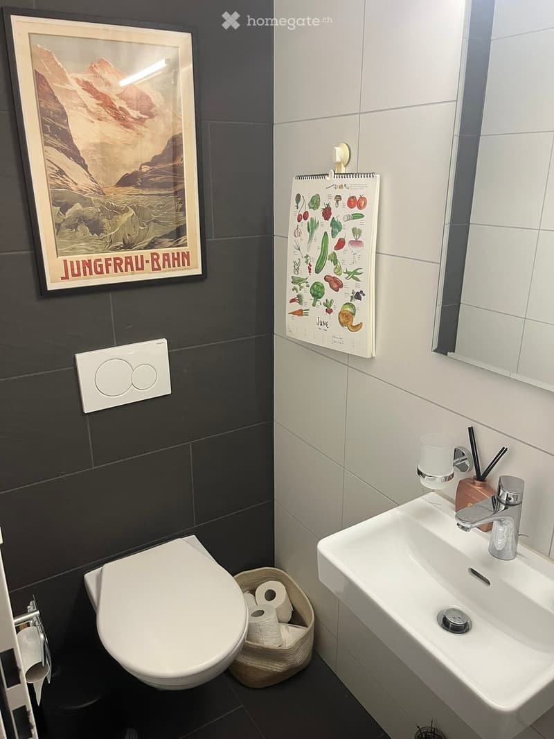 Modern bathroom with a toilet, sink, and a small basket holding toilet paper rolls. A calendar with vegetable illustrations hangs on the wall, and a framed picture is visible.