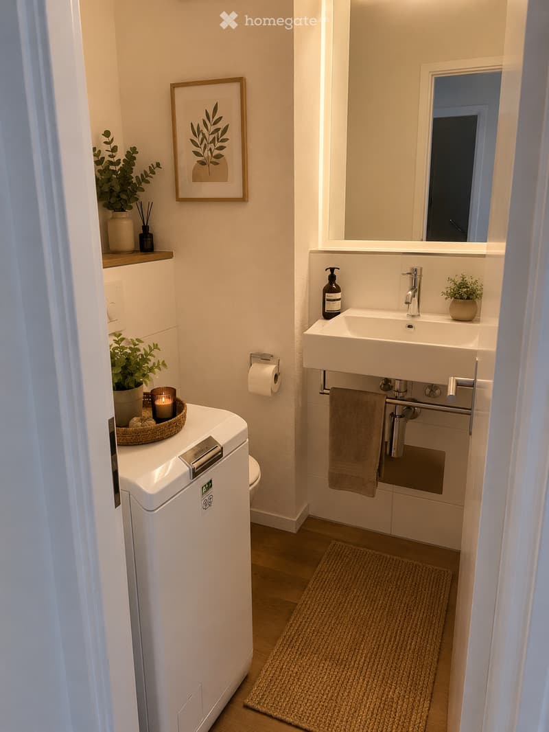 Modern bathroom with white walls, wooden floor, sink, mirror, towel, toilet, and decorative plants.