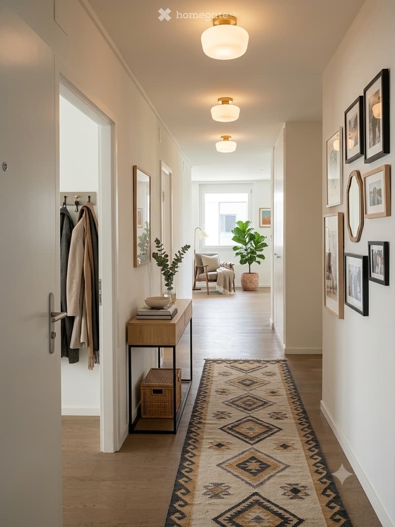 A modern hallway with wooden flooring, a patterned runner, wall-mounted lighting, and framed artwork. A small console table with a plant and books is visible, along with a coat rack holding jackets.