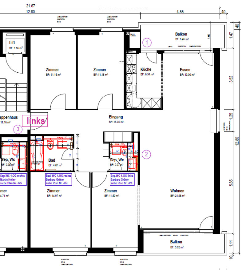 Floor plan of a 2-story apartment with living room, kitchen, dining area, 3 bedrooms, 2 bathrooms, and two balconies.
