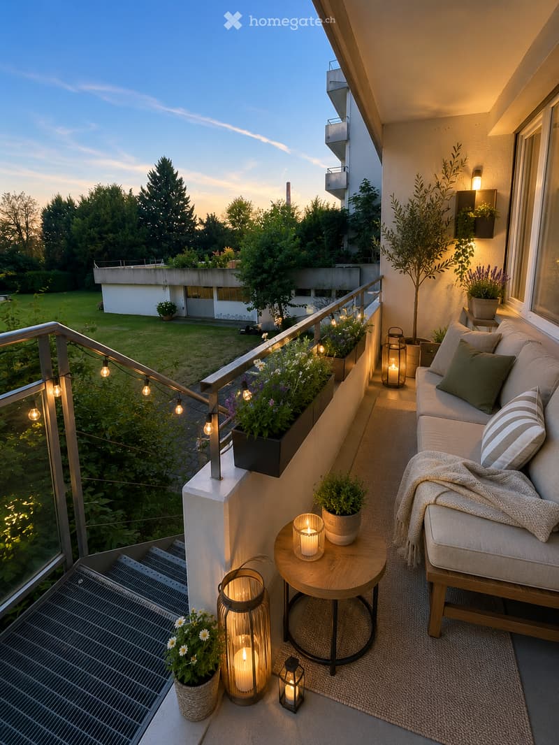 Cozy balcony with a sofa, small round table, candles, lanterns, and potted plants, overlooking a green lawn and trees.