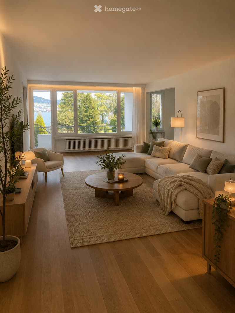 Modern living room with large windows offering a scenic view, featuring a sectional sofa, coffee table, armchair, floor lamp, and decorative plants.